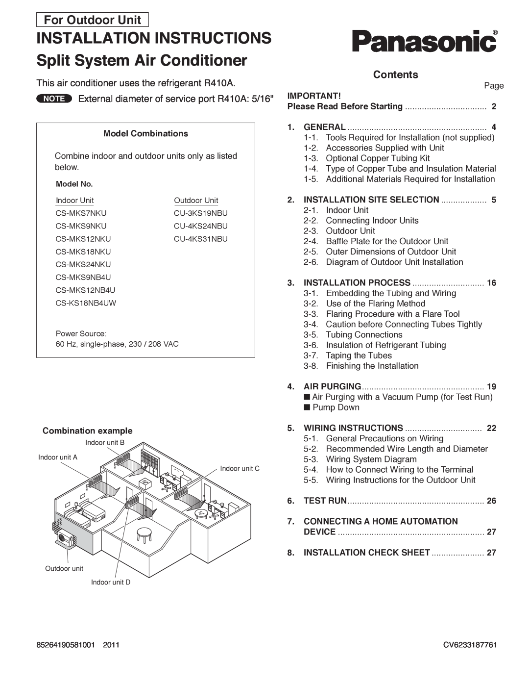 Panasonic CU-4KS31NBU service manual For Outdoor Unit, Contents 