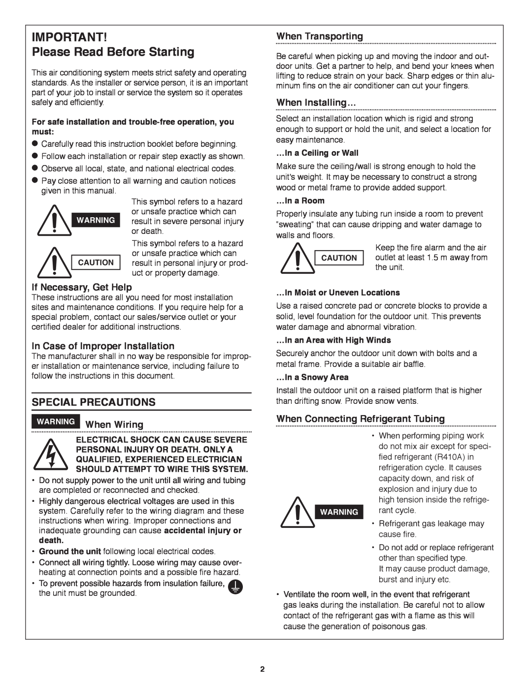 Panasonic CU-4KS31NBU Please Read Before Starting, Special Precautions, If Necessary, Get Help, WARNING When Wiring 
