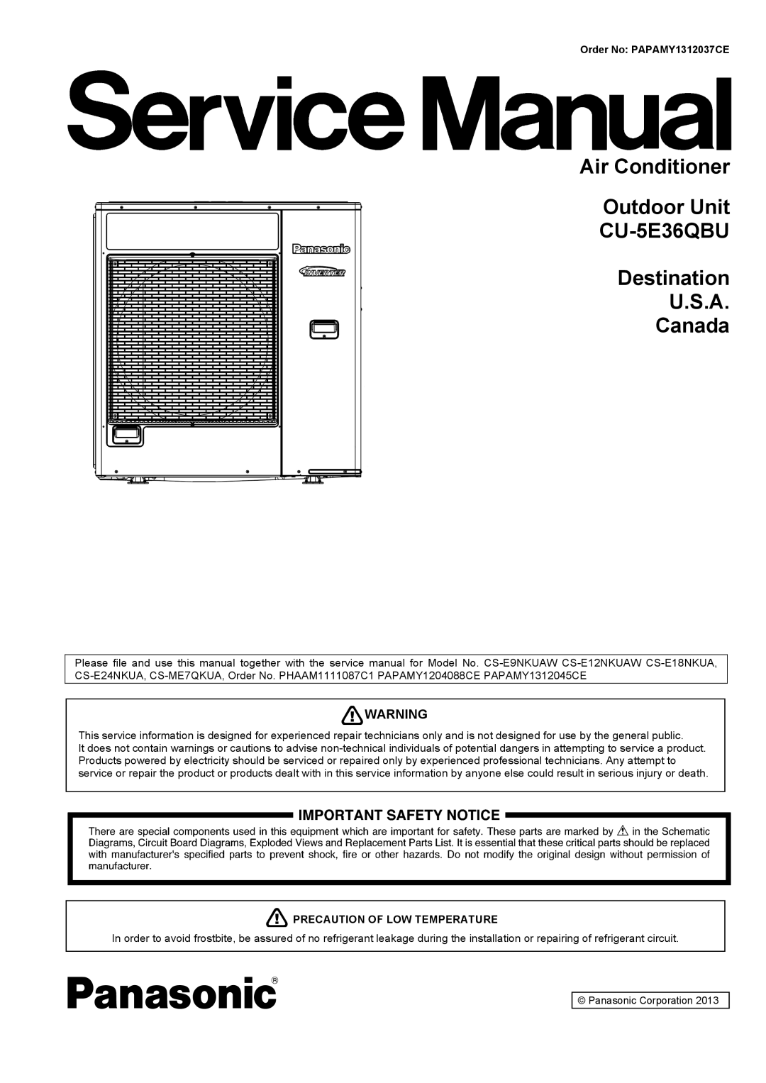 Panasonic CU-5E36QBU service manual Air Conditioner Outdoor Unit, Destination Canada 