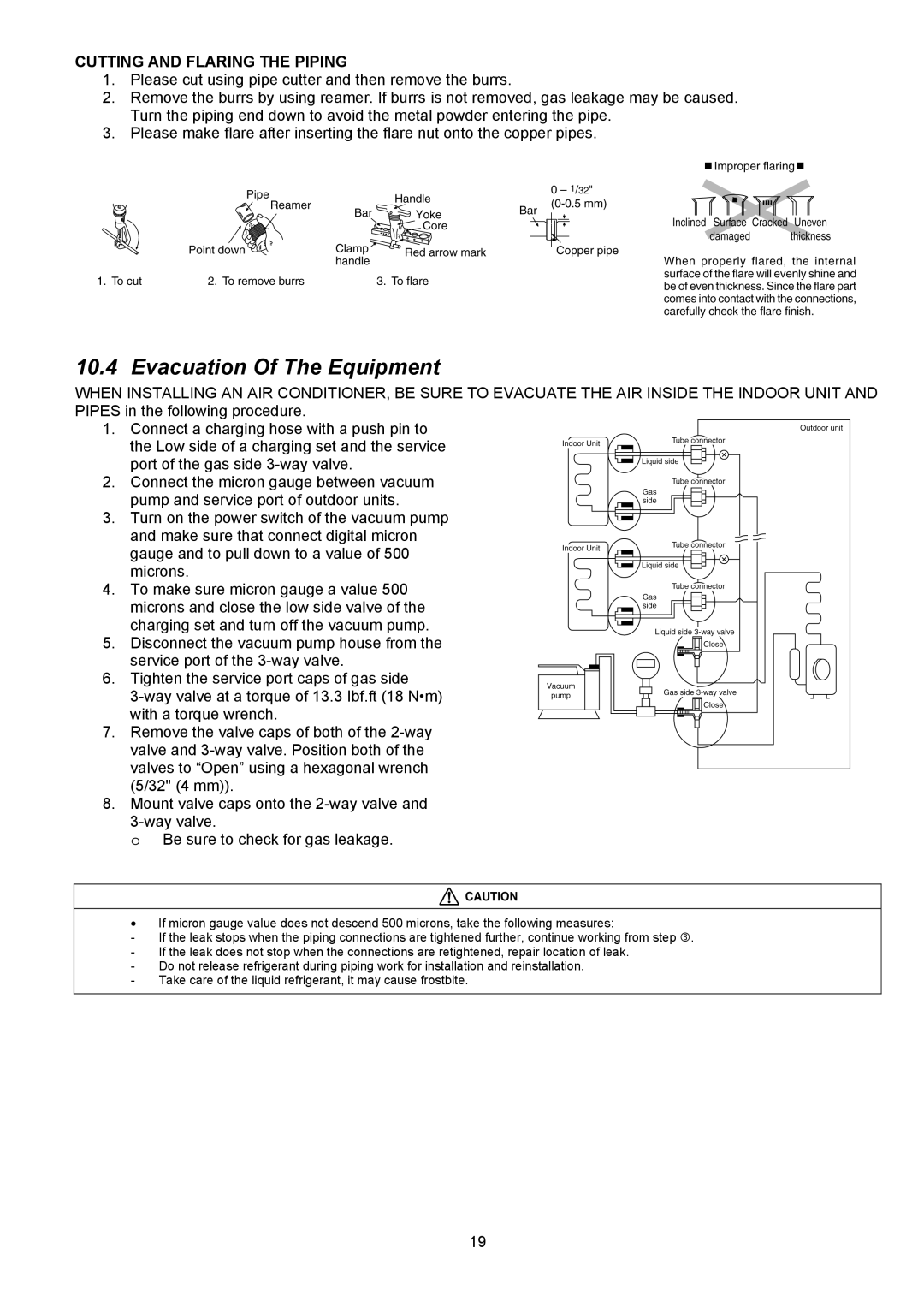 Panasonic CU-5E36QBU service manual Evacuation Of The Equipment, Cutting and Flaring the Piping 