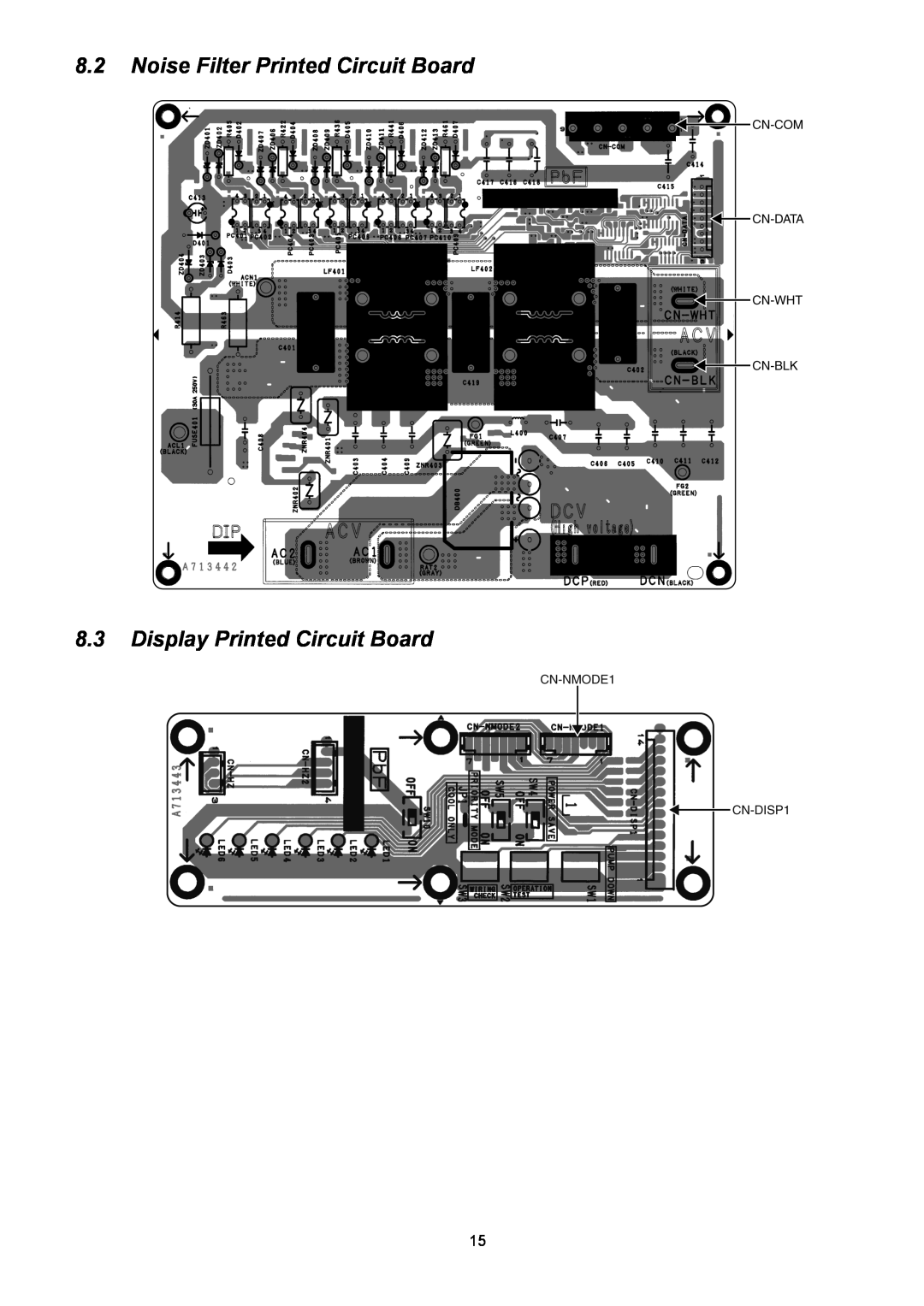 Panasonic CU-5E36QBU service manual 8.2Noise Filter Printed Circuit Board, 8.3Display Printed Circuit Board 
