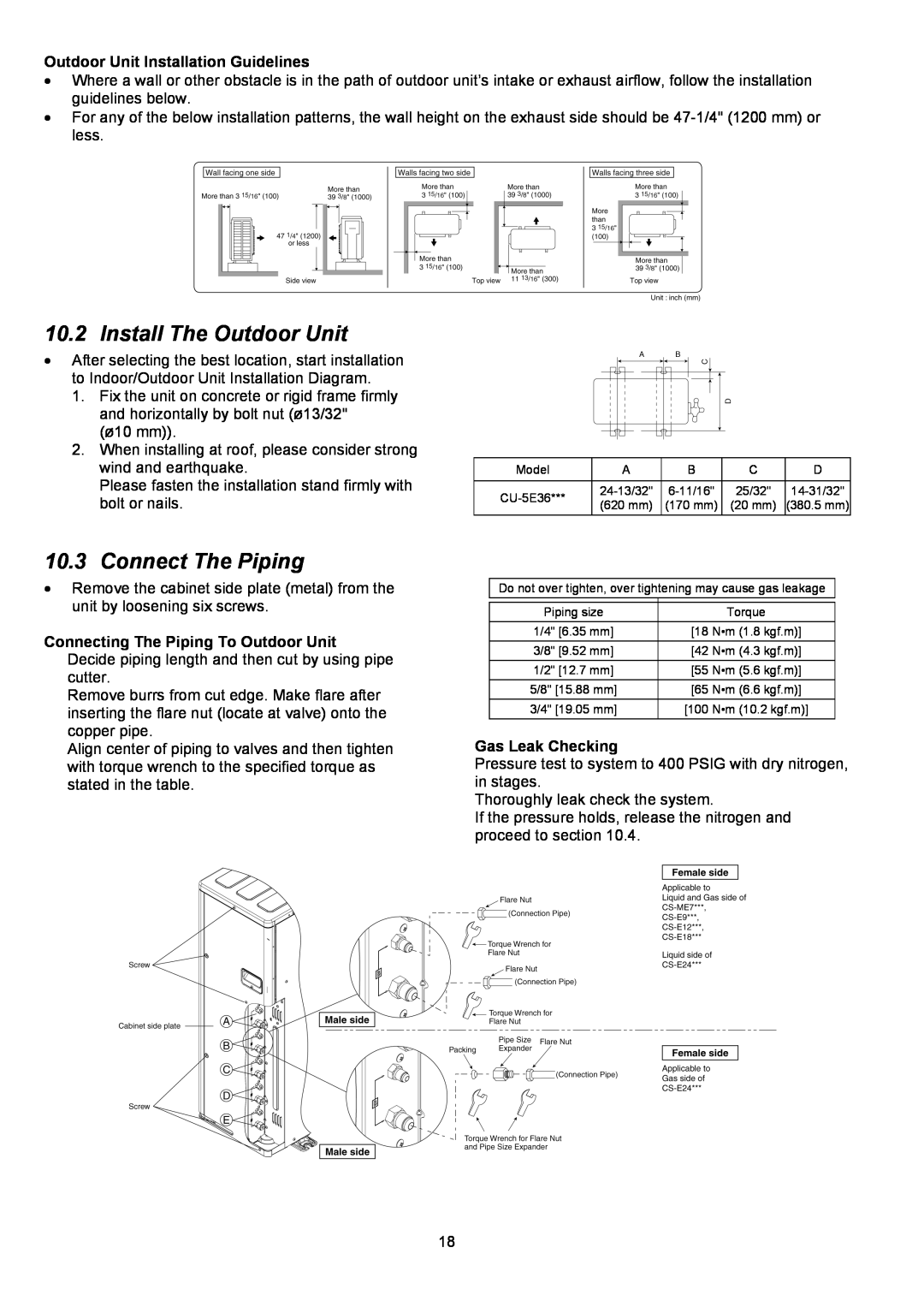 Panasonic CU-5E36QBU Install The Outdoor Unit, Connect The Piping, Outdoor Unit Installation Guidelines, Gas Leak Checking 