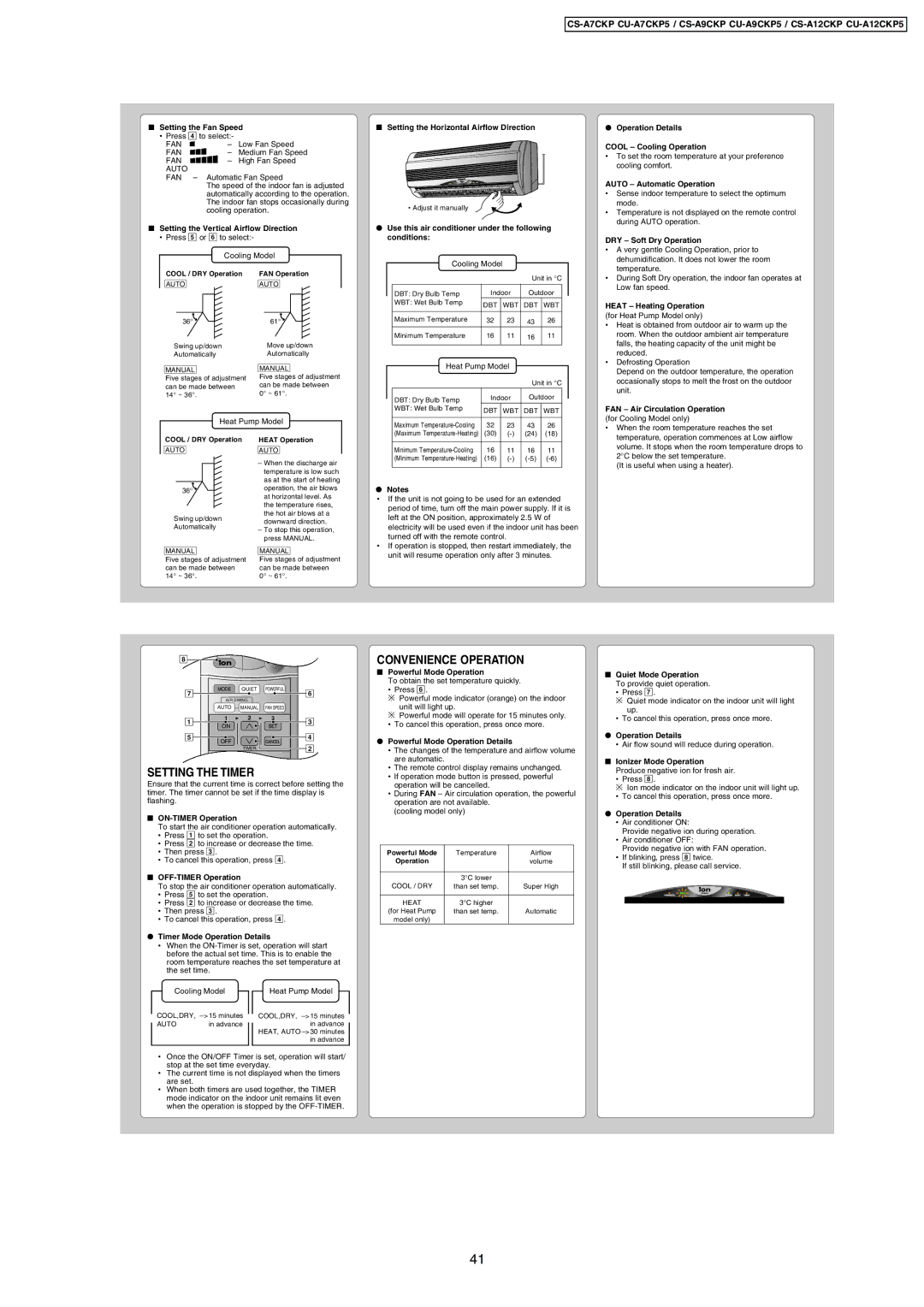 Panasonic CS-A9CKP, CU-A12CKP5, CU-A7CKP5, CU-A9CKP5, CS-A12CKP, CS-A7CKP manual Setting the Timer, Convenience Operation 