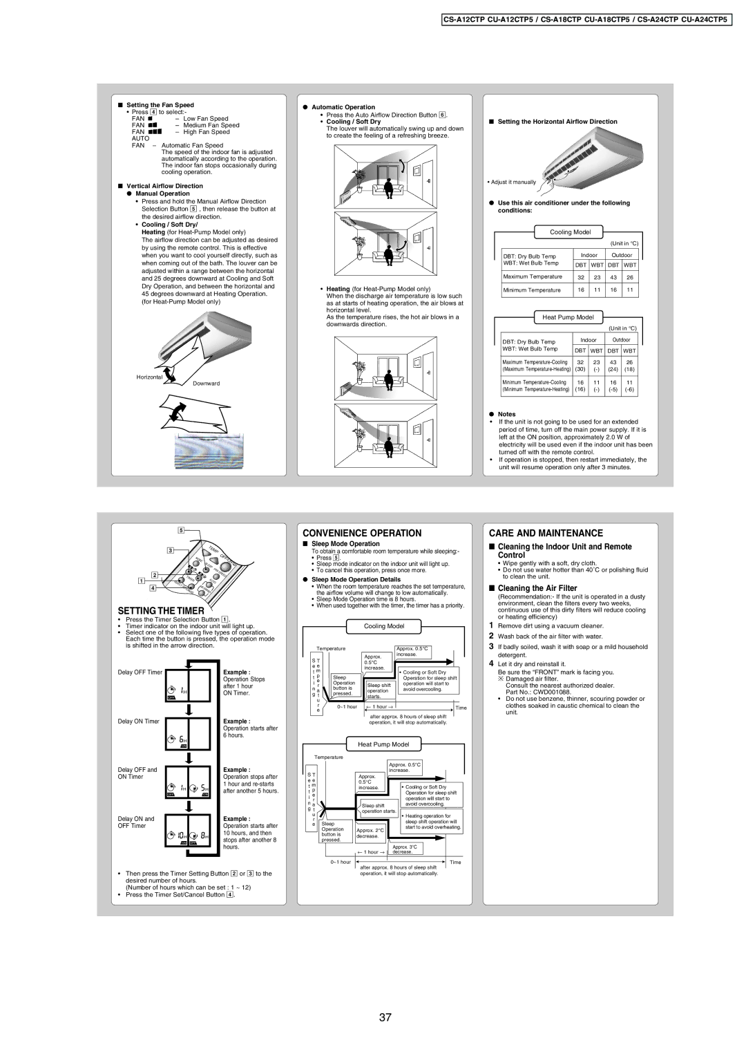 Panasonic CS-A24CTP, CU-A24CTP5 Setting the Timer, Convenience Operation, Care and Maintenance, Cleaning the Air Filter 