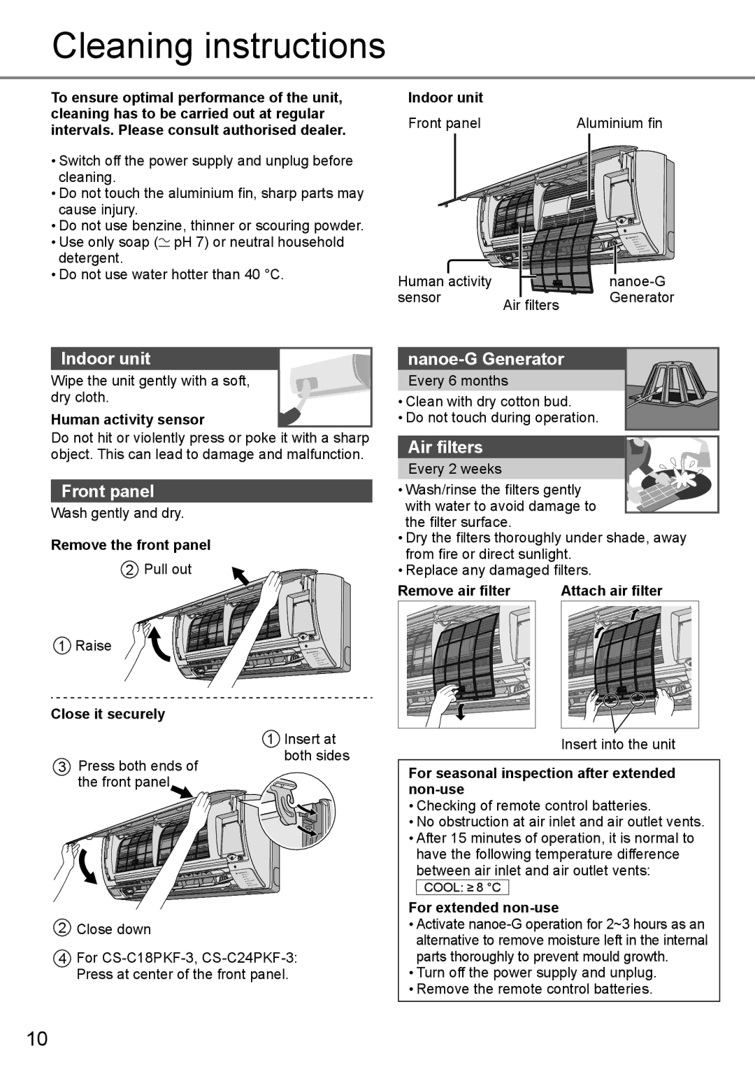 Panasonic CS-C18PKF-3, CU-C12PKF-3 Cleaning instructions, Indoor unit, Nanoe-G Generator, Air ﬁlters, Front panel 