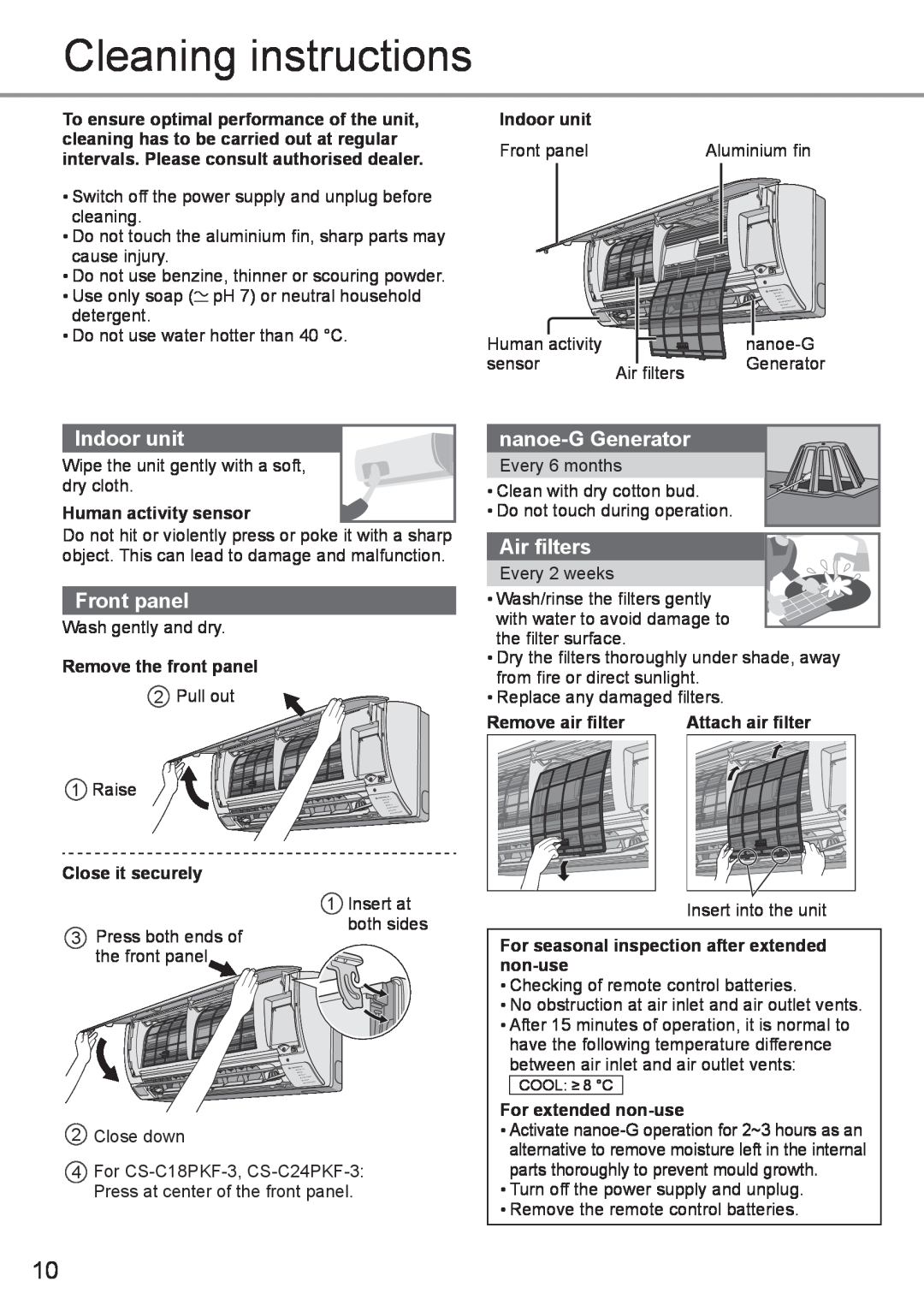 Panasonic CS-C18PKF-3, CU-C12PKF-3 Cleaning instructions, Indoor unit, nanoe-GGenerator, Air ﬁlters, Front panel 