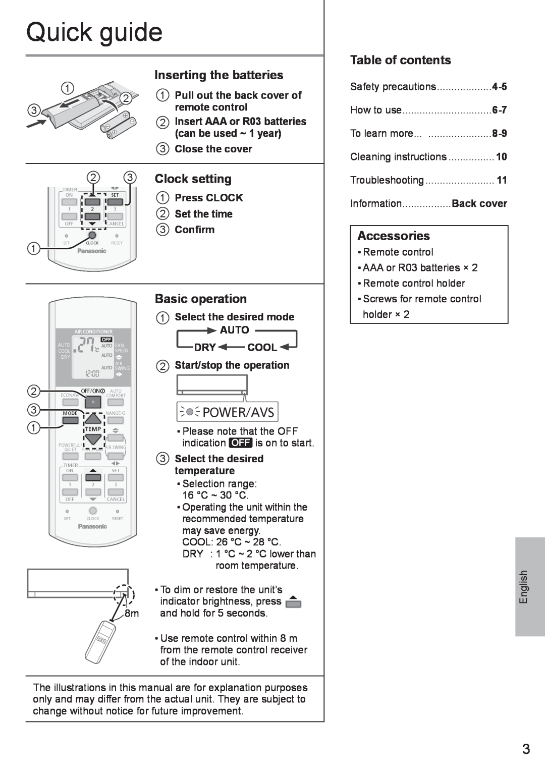 Panasonic CS-C24PKF-3 Quick guide, Inserting the batteries, Table of contents, Clock setting, Accessories, Basic operation 