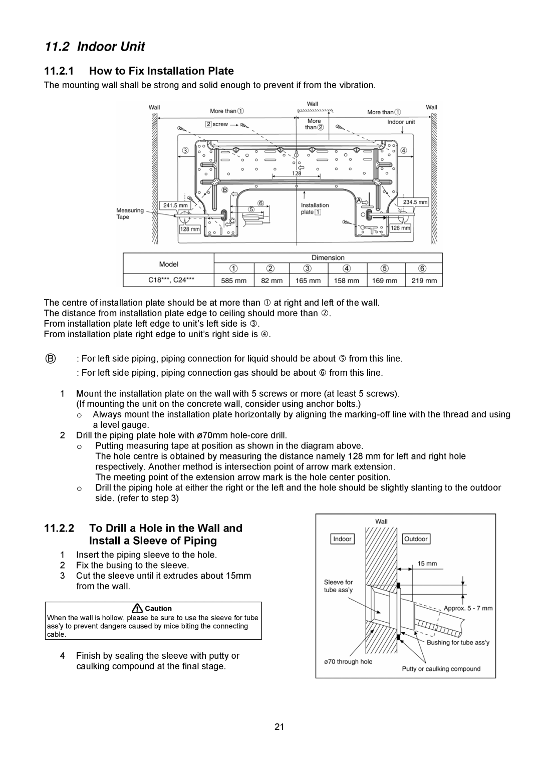 Panasonic CU-C24KKS, CU-C18KKS How to Fix Installation Plate, To Drill a Hole in the Wall and Install a Sleeve of Piping 