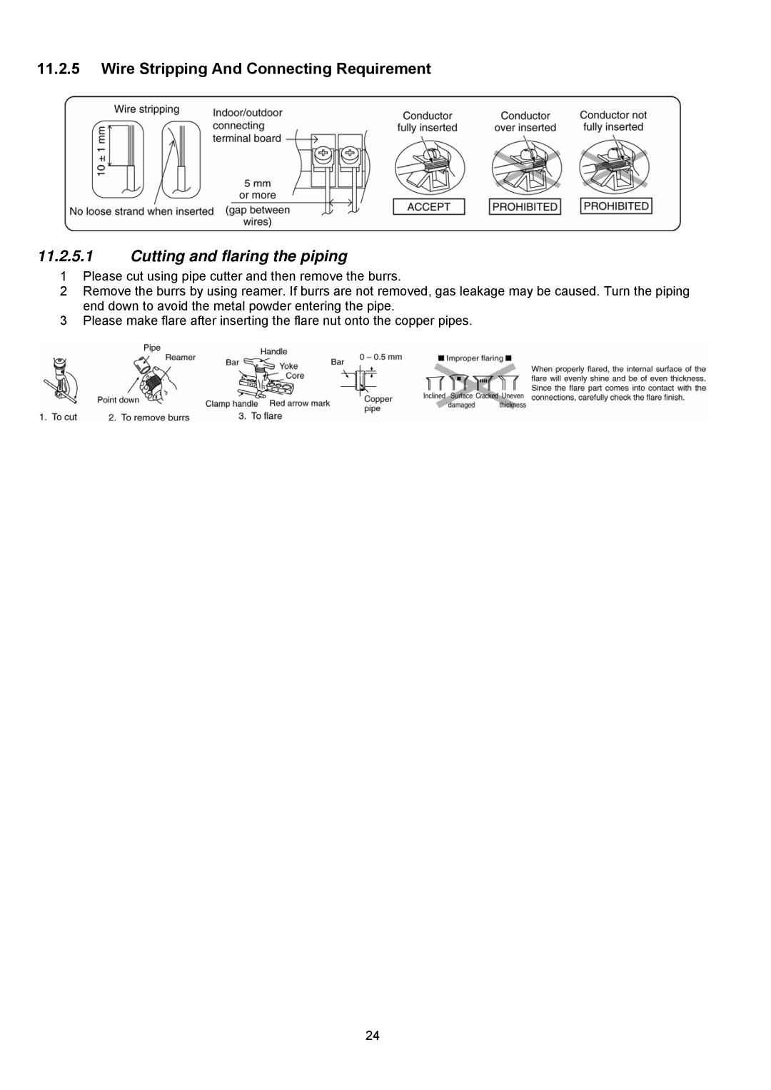 Panasonic CU-C18KKS, CU-C24KKS, CS-C18KKS Wire Stripping And Connecting Requirement, Cutting and flaring the piping 