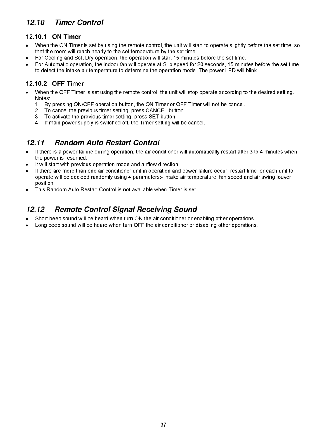 Panasonic CU-C24KKS Timer Control, Random Auto Restart Control, Remote Control Signal Receiving Sound, On Timer, OFF Timer 