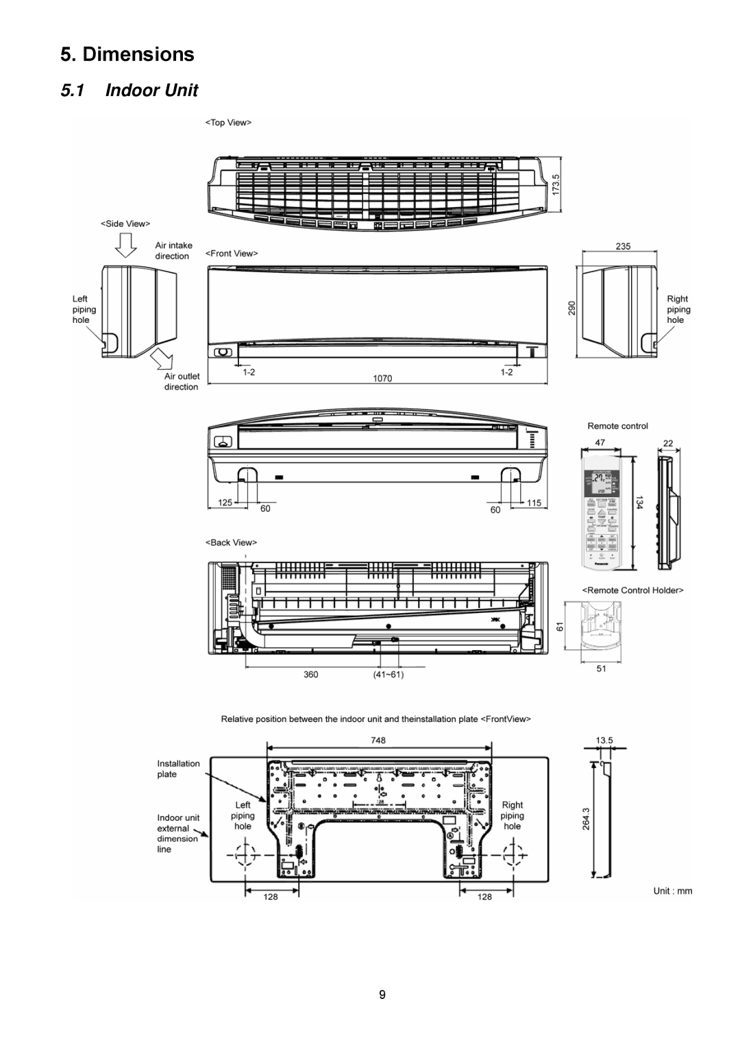 Panasonic CU-C24KKS, CU-C18KKS, CS-C18KKS, CS-C24KKS dimensions Dimensions, Indoor Unit 