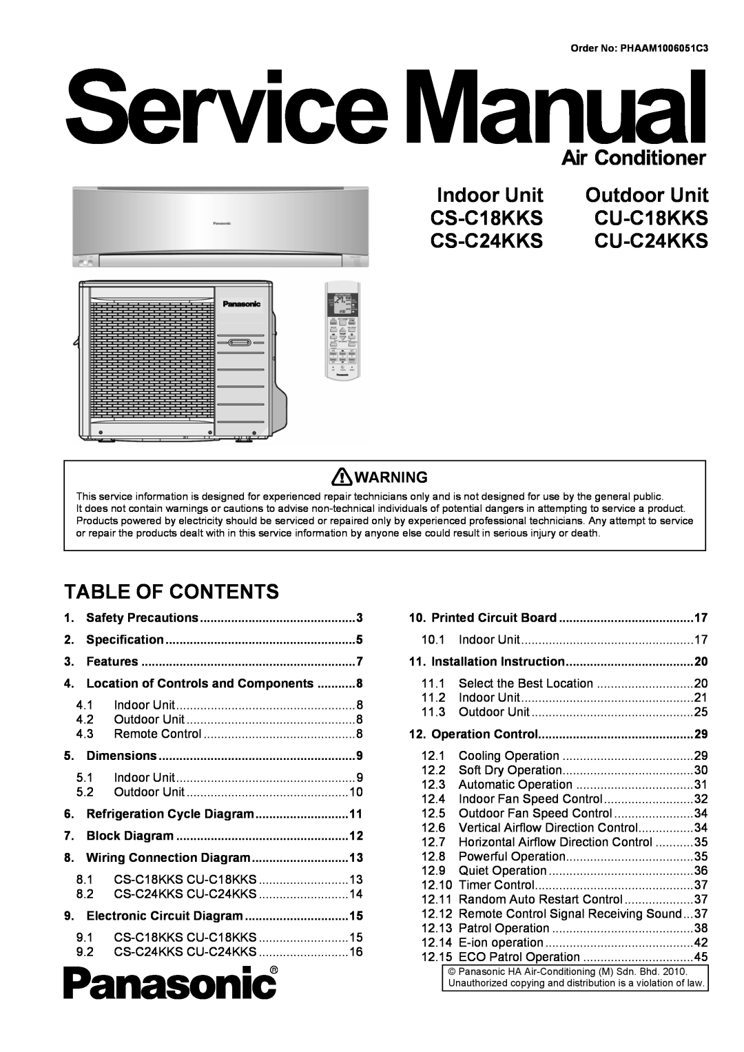 Panasonic CU-C24KKS dimensions Indoor Unit, Outdoor Unit, CS-C18KKS, CU-C18KKS, CS-C24KKS, Table Of Contents 