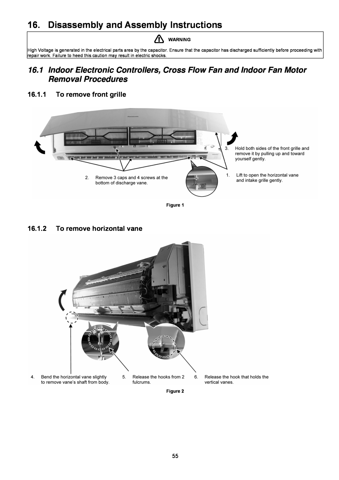 Panasonic CS-C24KKS Disassembly and Assembly Instructions, 16.1.1To remove front grille, 16.1.2To remove horizontal vane 