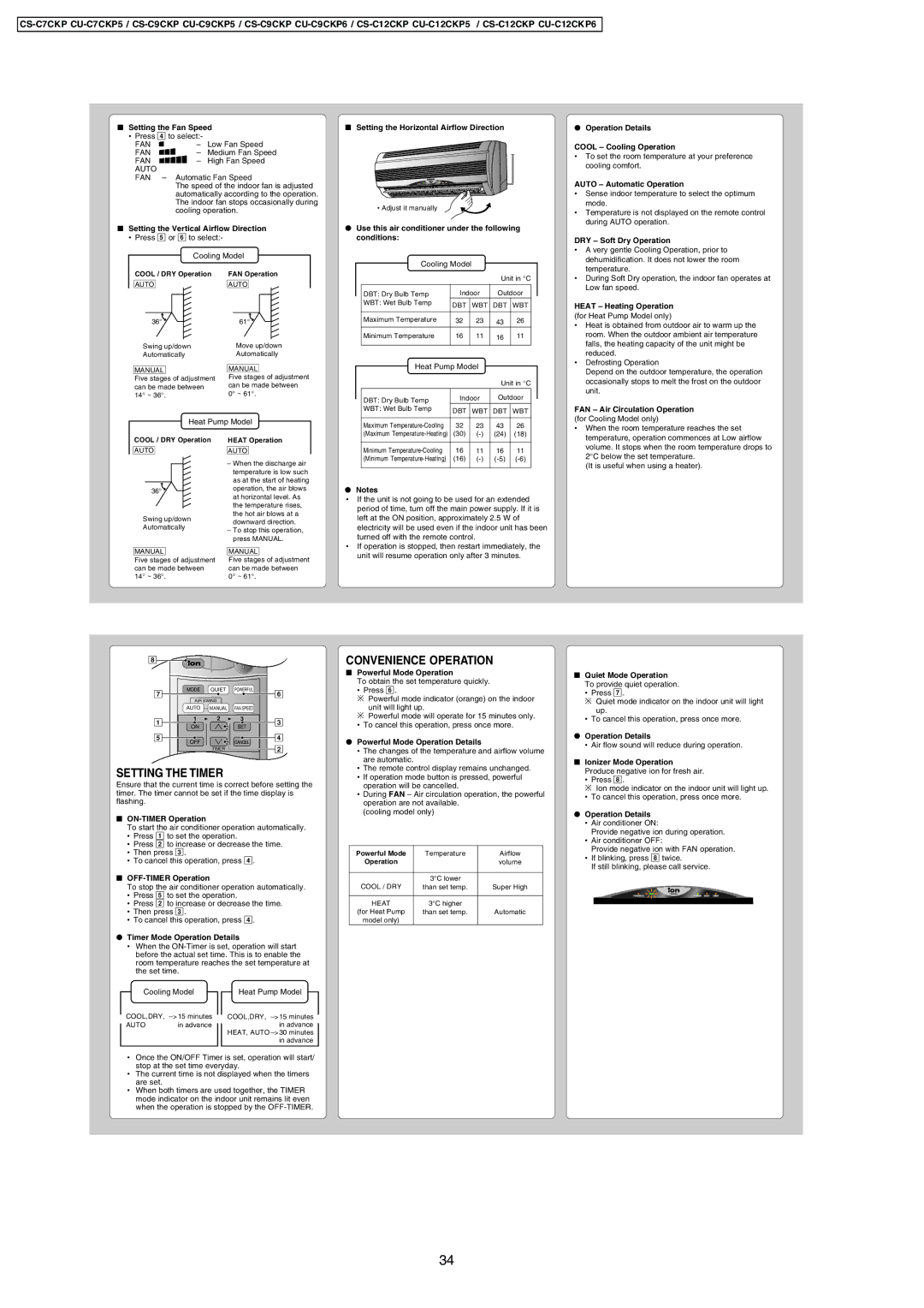 Panasonic CU-C12CKP6, CU-C7CKP5, CU-C9CKP5, CU-C12CKP5, CU-C9CKP6, CS-C7CKP, CS-C9CKP Setting the Timer, Convenience Operation 