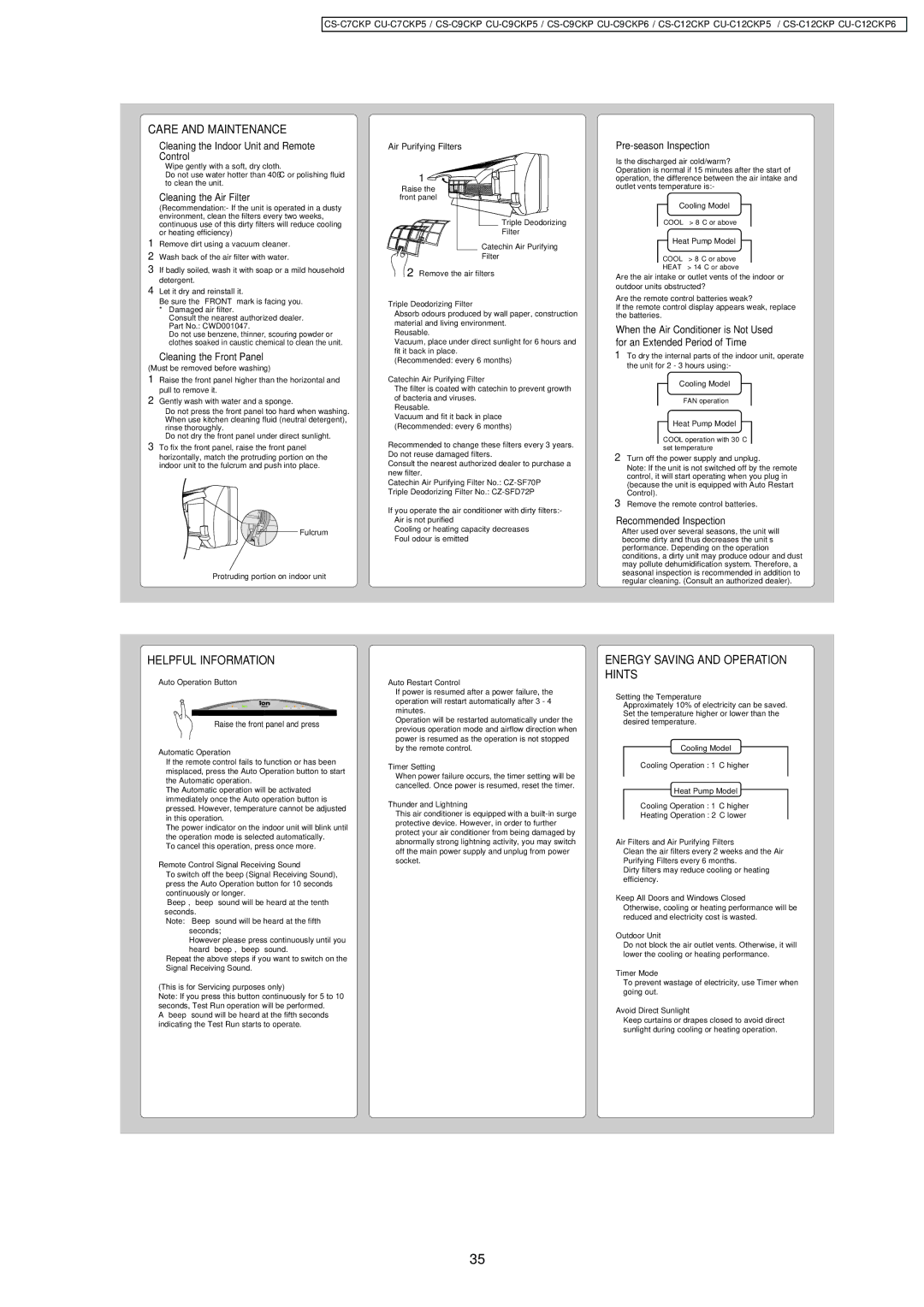 Panasonic CU-C9CKP6, CU-C7CKP5, CU-C9CKP5, CU-C12CKP5, CU-C12CKP6, CS-C7CKP, CS-C9CKP Care and Maintenance, Helpful Information 