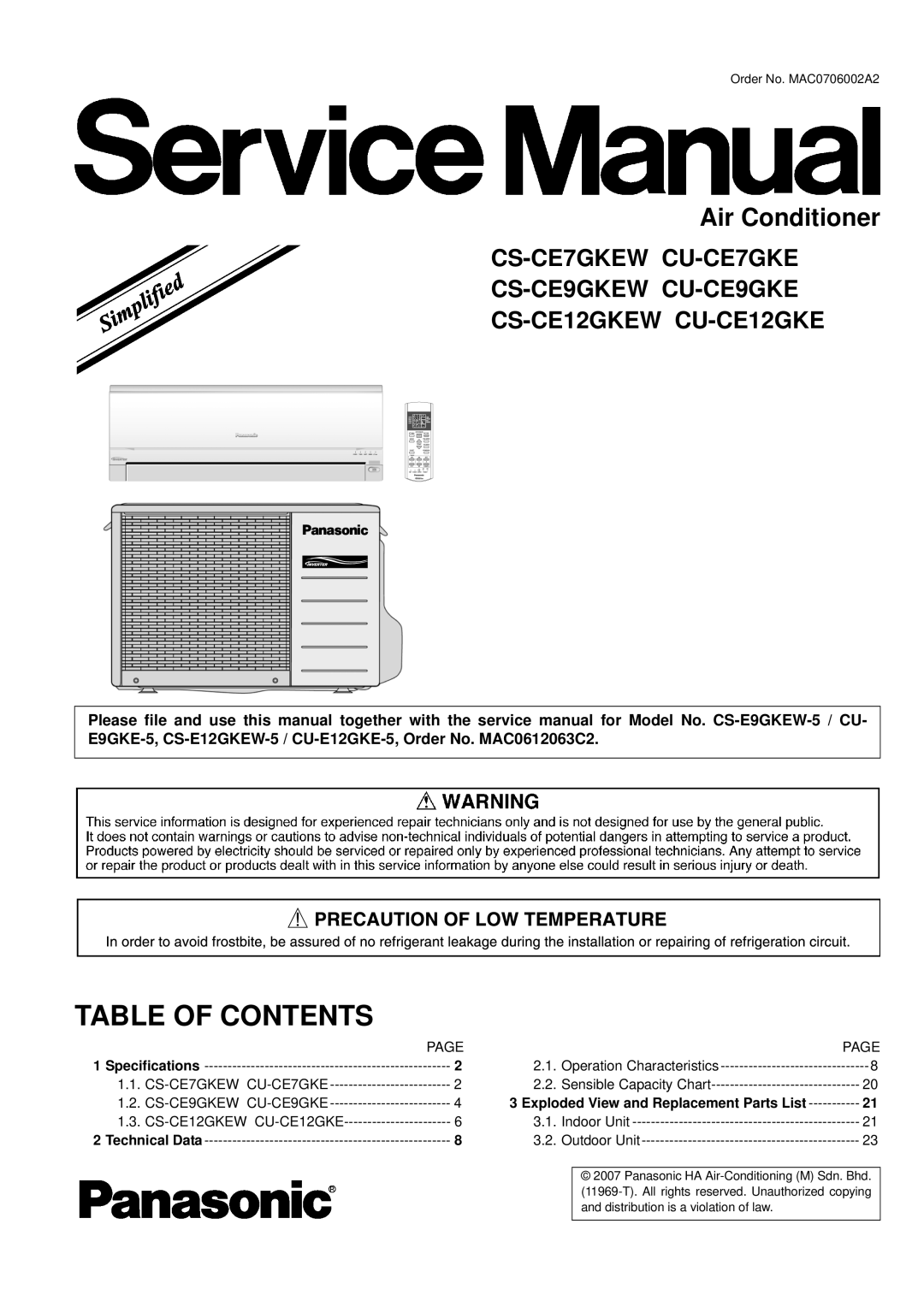 Panasonic CU-CE12GKE, CU-CE9GKE, CU-CE7GKE, CS-CE7GKEW, CS-CE12GKEW, CS-CE9GKEW specifications Table of Contents 