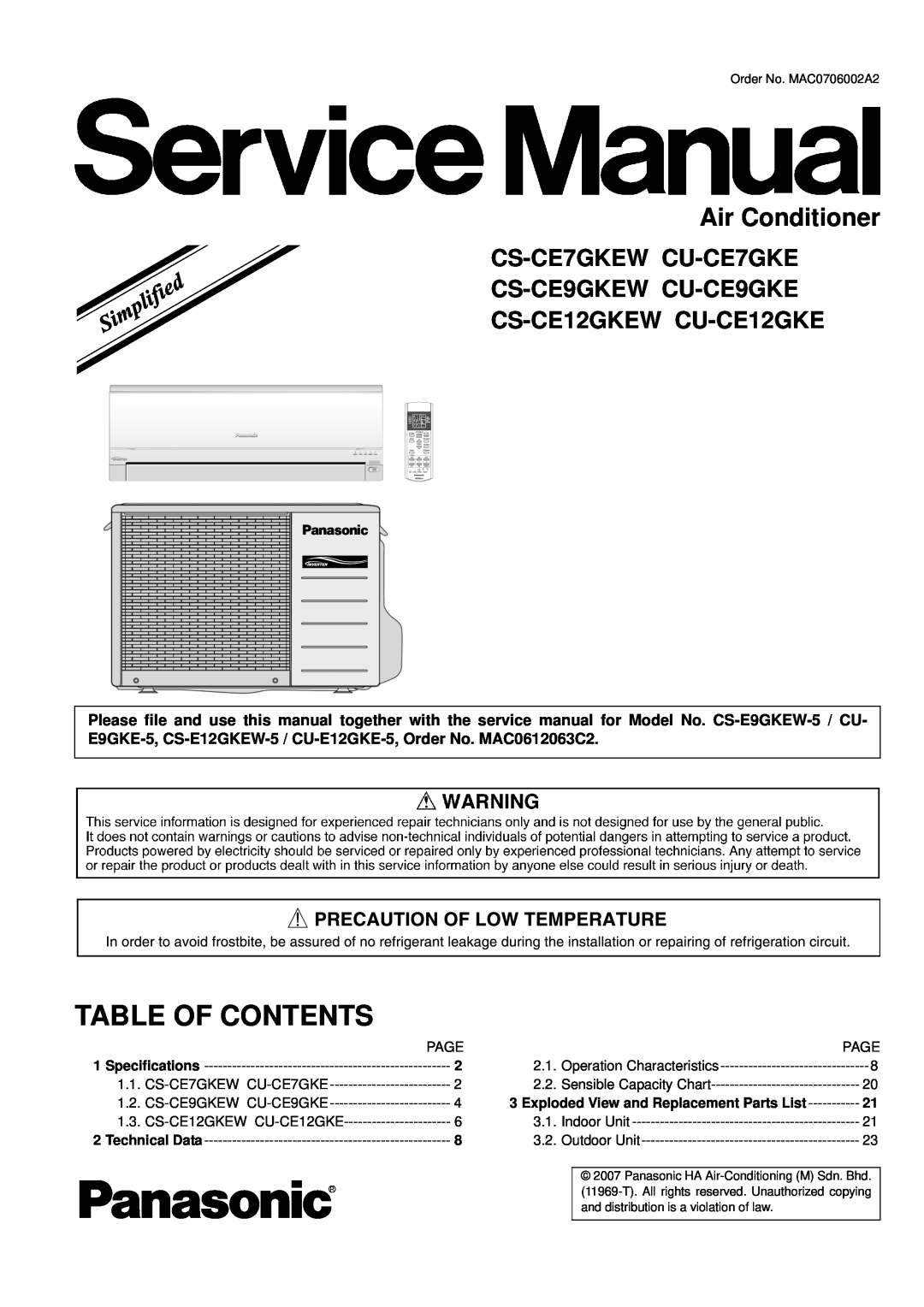 Panasonic CU-CE12GKE specifications Table Of Contents, Air Conditioner, CS-CE7GKEW CU-CE7GKE CS-CE9GKEW CU-CE9GKE 
