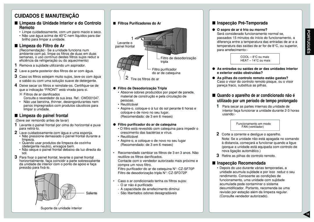 Panasonic CU-E15CKP5, CU-E12CKP5, CU-E9CKP5 manual Limpeza do painel frontal, Inspecção Pré-Temporada, Inspecção Recomendada 