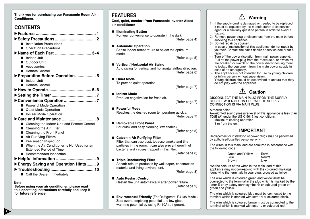 Panasonic CU-E9CKP5, CU-E12CKP5, CU-E15CKP5, CS-E9CKP, CS-E15CKP, CS-E12CKP manual Contents, Features 