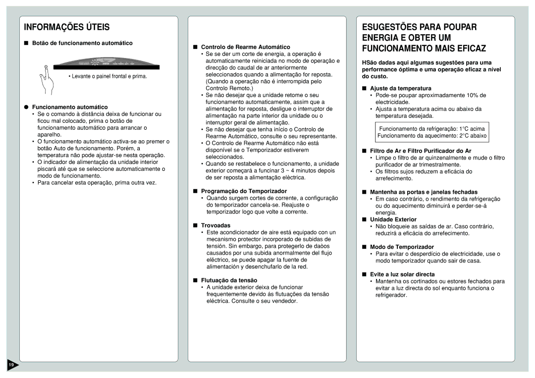 Panasonic CU-E9CKP5, CU-E12CKP5, CU-E15CKP5, CS-E9CKP, CS-E15CKP, CS-E12CKP manual Informações Úteis 