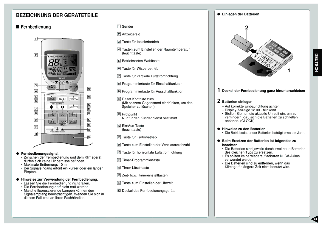 Panasonic CU-E15CKP5, CU-E12CKP5, CU-E9CKP5, CS-E9CKP, CS-E15CKP, CS-E12CKP manual Fernbedienung 