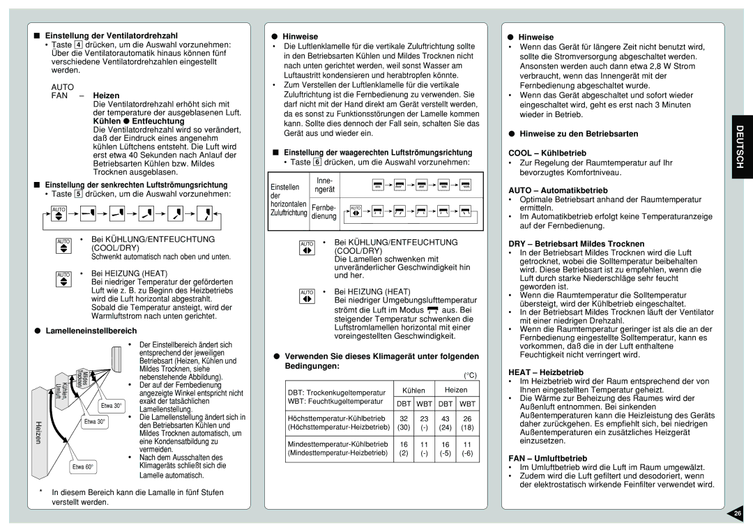 Panasonic CS-E9CKP, CU-E12CKP5 Einstellung der Ventilatordrehzahl, Lamelleneinstellbereich Hinweise, Auto Automatikbetrieb 