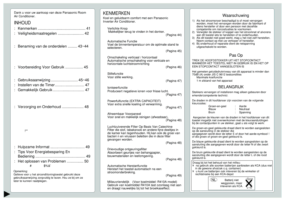 Panasonic CU-E12CKP5, CU-E15CKP5, CU-E9CKP5, CS-E9CKP, CS-E15CKP, CS-E12CKP manual Inhoud, Kenmerken, Waarschuwing, Pas Op 