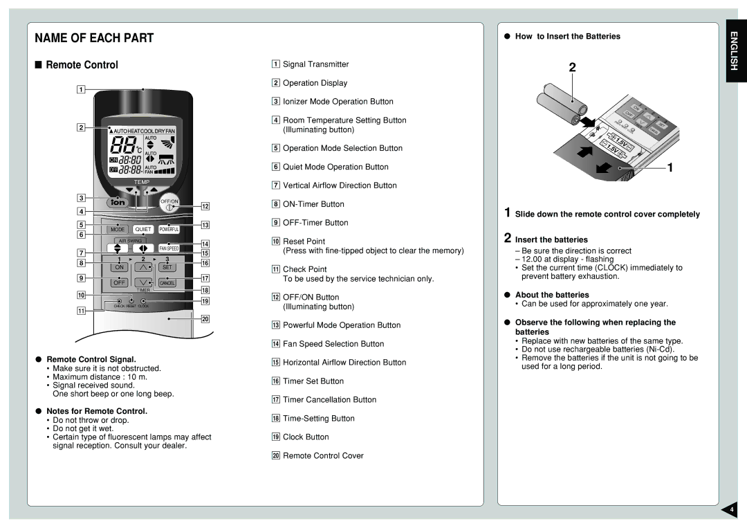 Panasonic CS-E12CKP, CU-E12CKP5, CU-E15CKP5, CU-E9CKP5, CS-E9CKP, CS-E15CKP manual Remote Control 