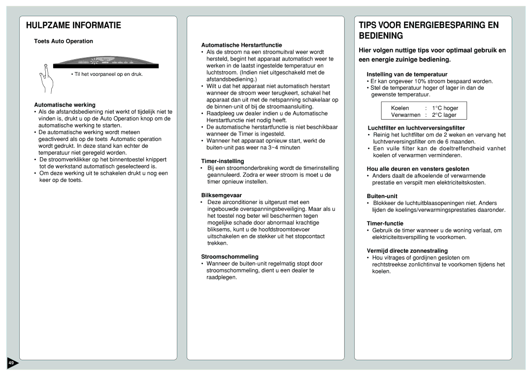 Panasonic CU-E9CKP5, CU-E12CKP5, CU-E15CKP5, CS-E9CKP, CS-E15CKP Hulpzame Informatie, Tips Voor Energiebesparing EN Bediening 