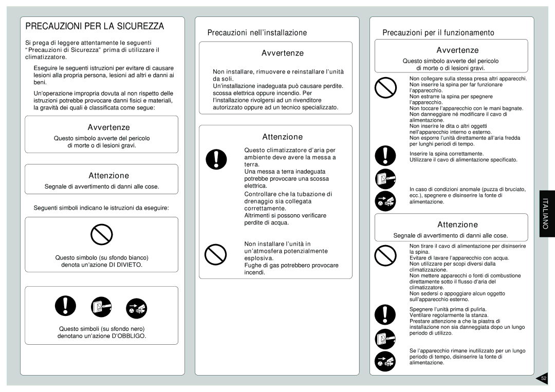 Panasonic CS-E12CKP manual Precauzioni PER LA Sicurezza, Precauzioni nell’installazione, Precauzioni per il funzionamento 