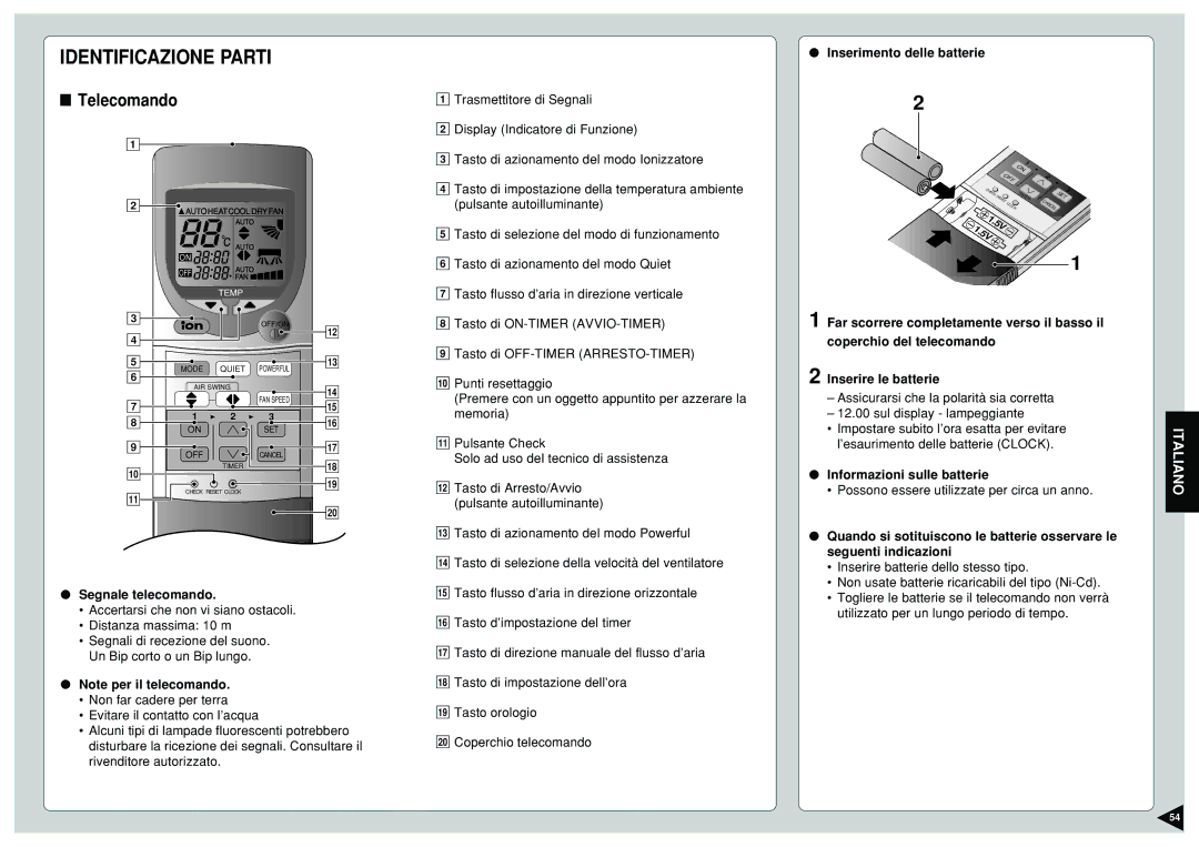 Panasonic CU-E15CKP5, CU-E12CKP5 Telecomando, Inserimento delle batterie, Segnale telecomando, Informazioni sulle batterie 
