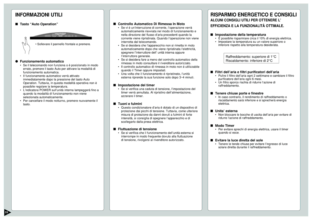 Panasonic CU-E12CKP5, CU-E15CKP5, CU-E9CKP5, CS-E9CKP, CS-E15CKP manual Informazioni Utili, Risparmio Energetico E Consigli 