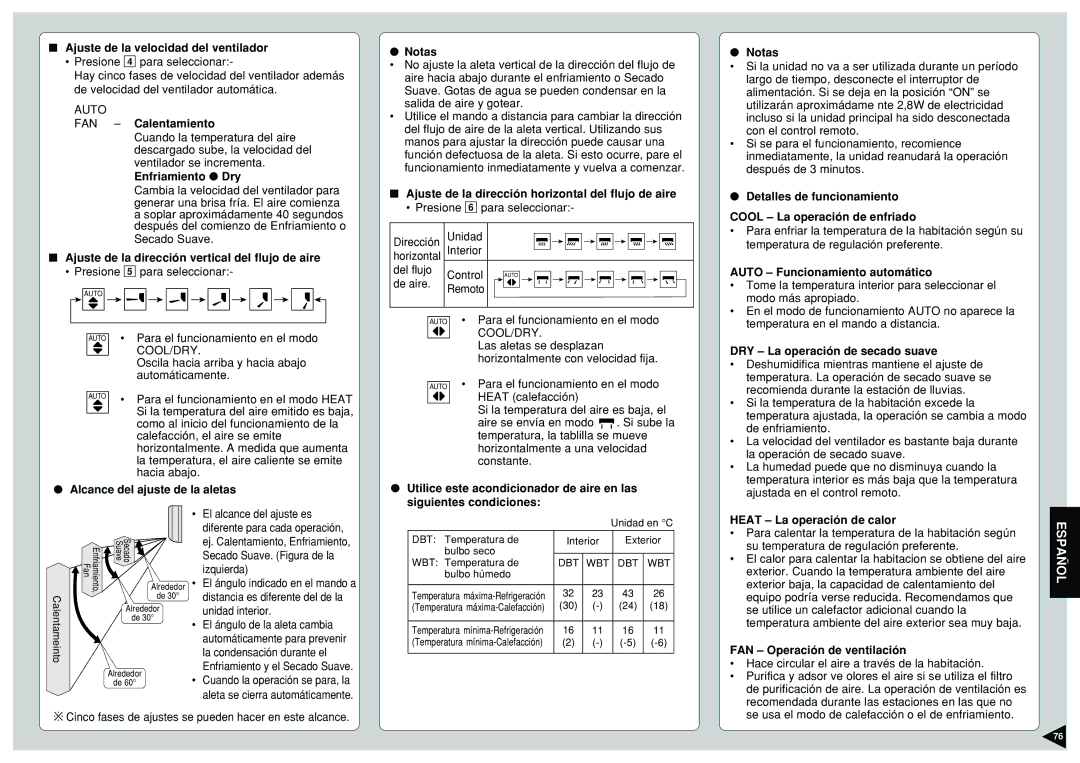 Panasonic CS-E12CKP manual Ajuste de la velocidad del ventilador, FAN Calentamiento, Alcance del ajuste de la aletas Notas 