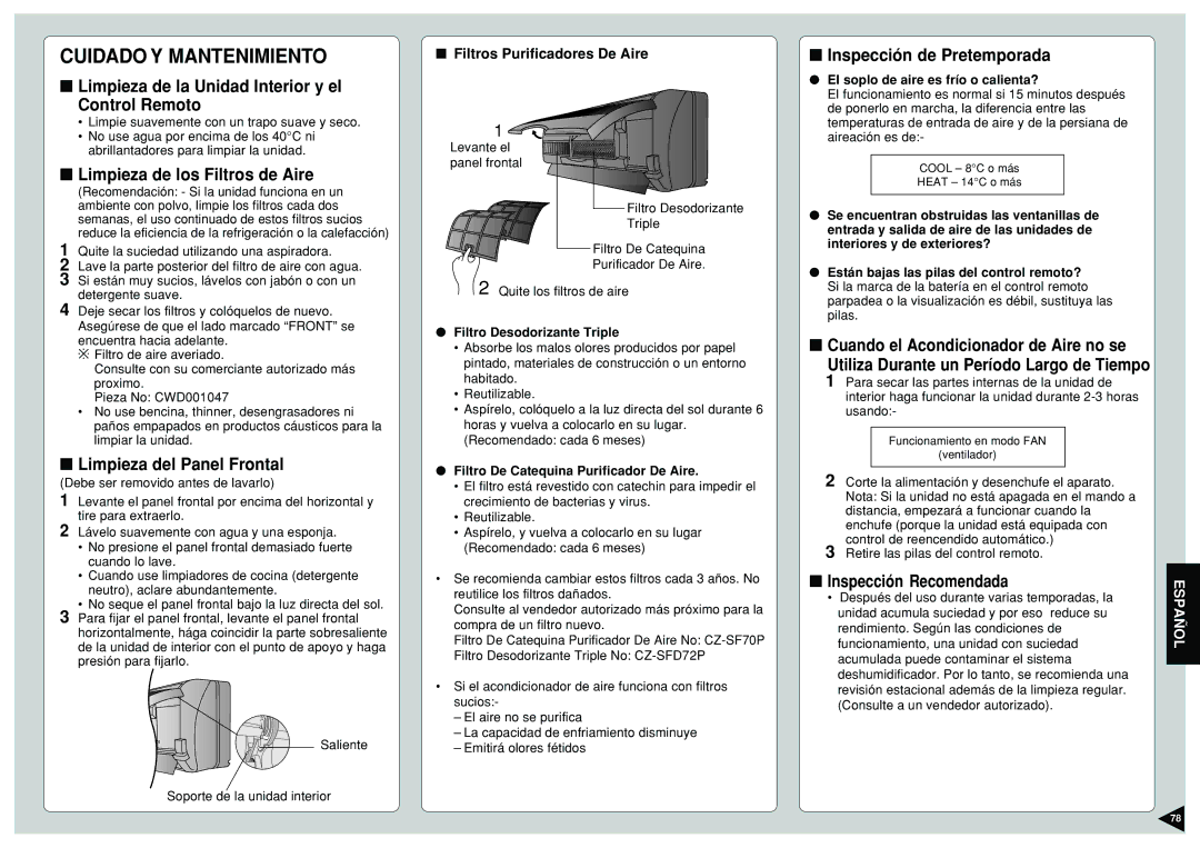 Panasonic CU-E15CKP5, CU-E12CKP5 manual Limpieza de la Unidad Interior y el Control Remoto, Limpieza de los Filtros de Aire 