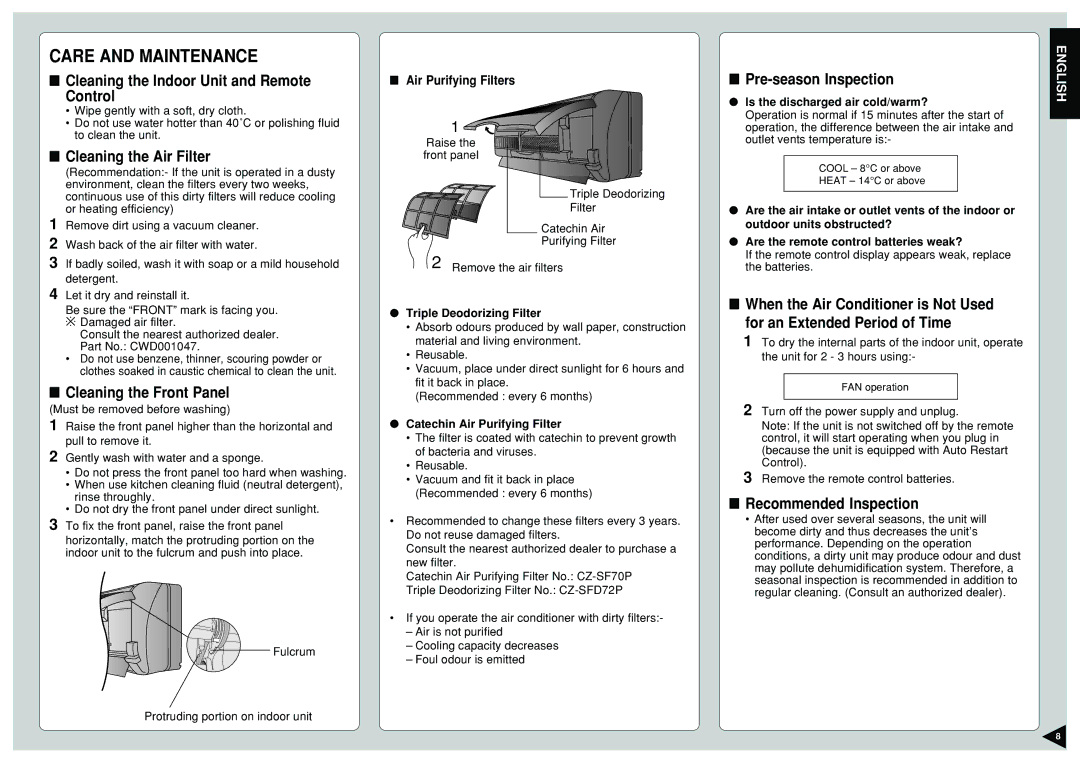 Panasonic CS-E9CKP, CU-E12CKP5, CU-E15CKP5, CU-E9CKP5, CS-E15CKP, CS-E12CKP manual Care and Maintenance 