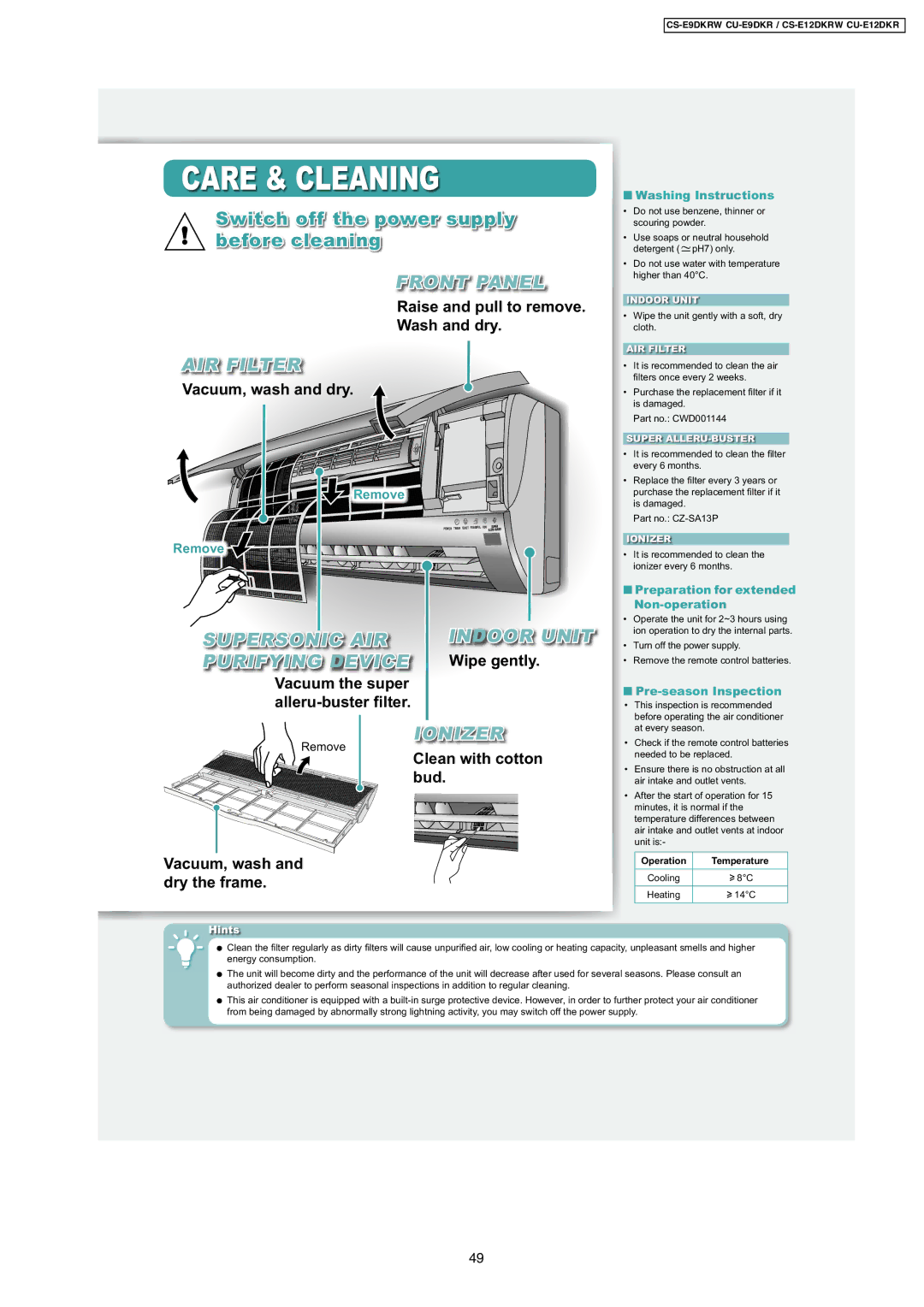 Panasonic CS-E9DKRW Care & Cleaning, Front Panel, AIR Filter, Supersonic AIR Indoor Unit Purifying Device, Ionizer 