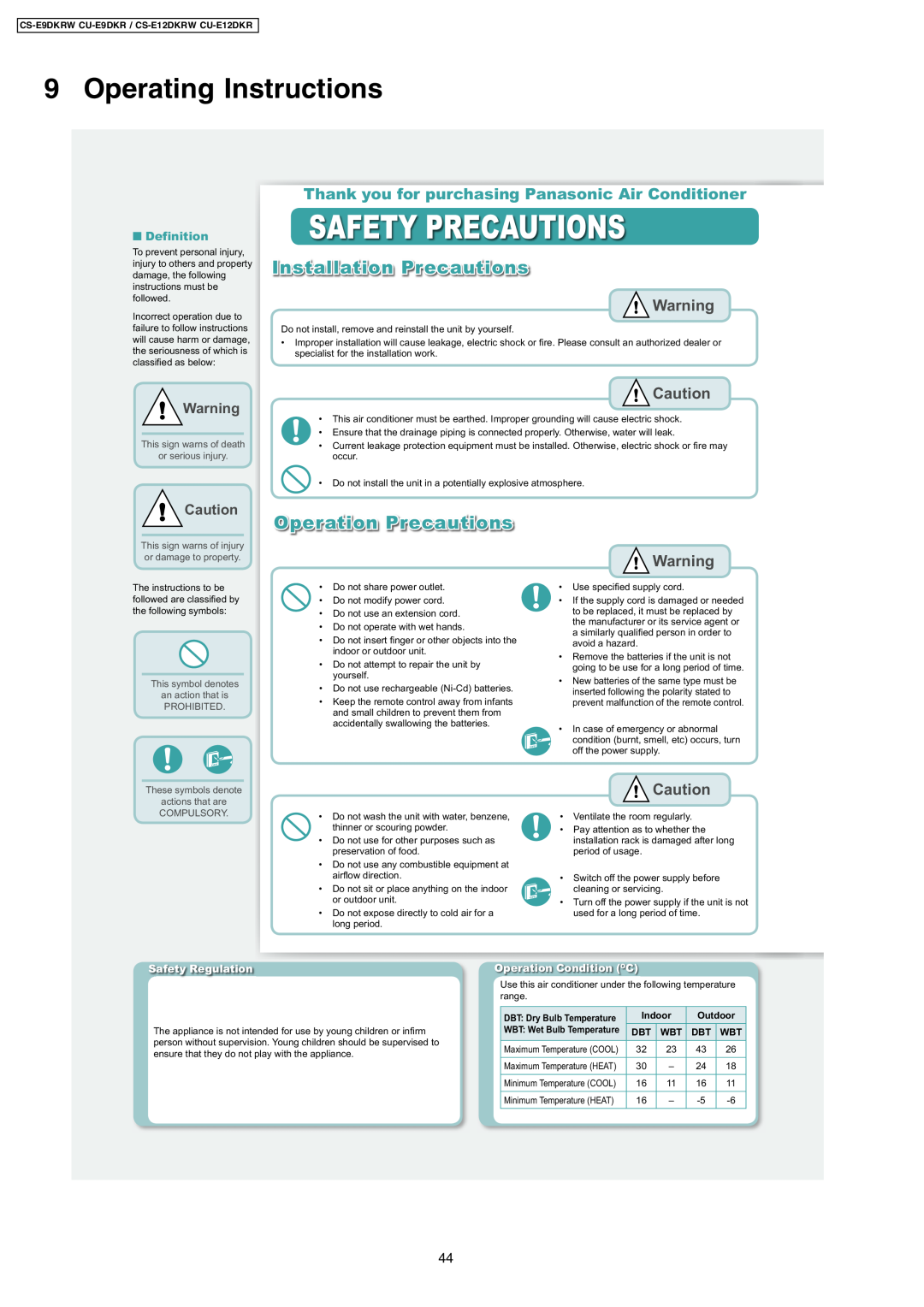 Panasonic CU-E9DKR operating instructions Safety Precautions, Installation Precautions, Operation Precautions, Definition 