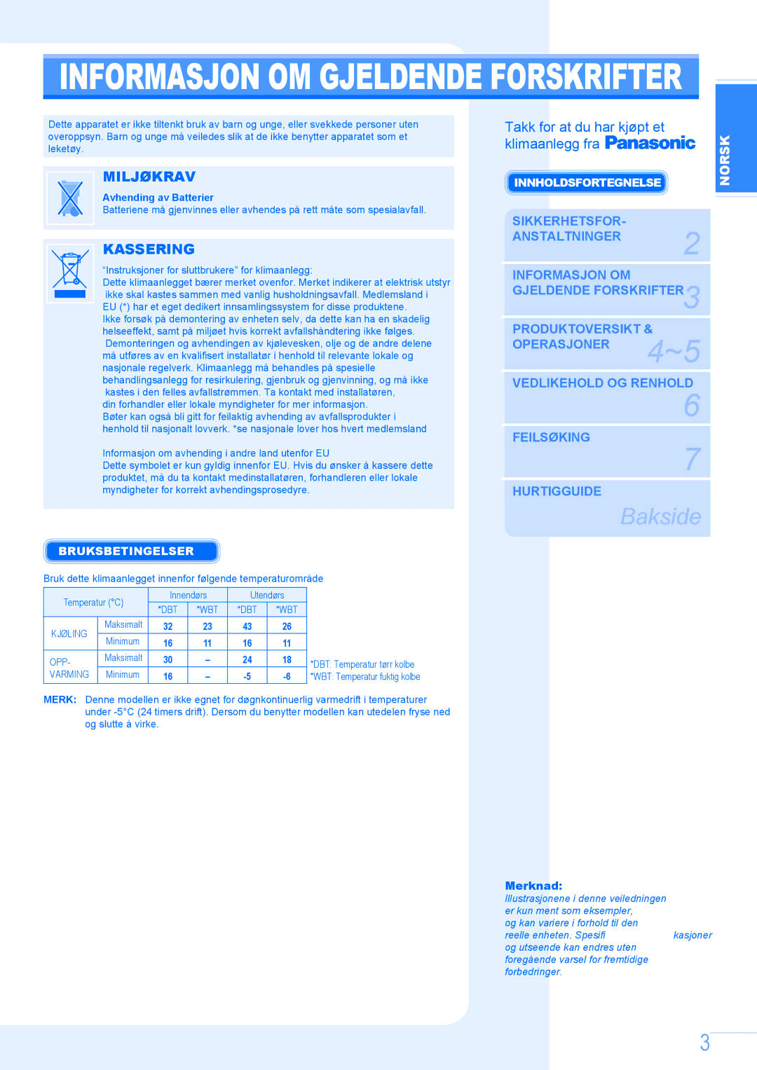 Panasonic CU-E9GKE, F565488 Norsk English English, Innholdsfortegnelse, Bruksbetingelser, Merknad, Avhending av Batterier 