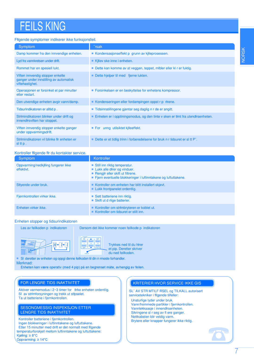 Panasonic CU-E12GKE manual Feilsøking, For Lengre Tids Inaktivitet, Sesongmessig Inspeksjon Etter Lengre Tids Inaktivitet 