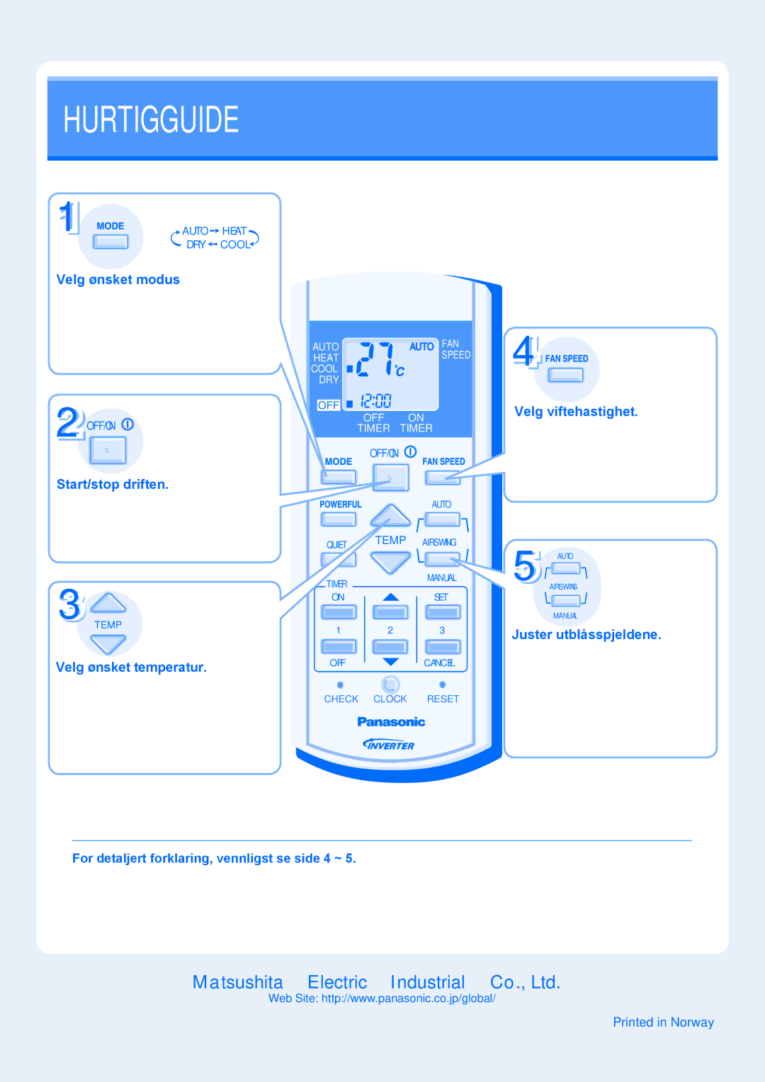 Panasonic CS-E9GKEW, CU-E12GKE, F565488, CU-E9GKE, CU-E7GKE manual Hurtigguide, For detaljert forklaring, vennligst se side 4 ~ 