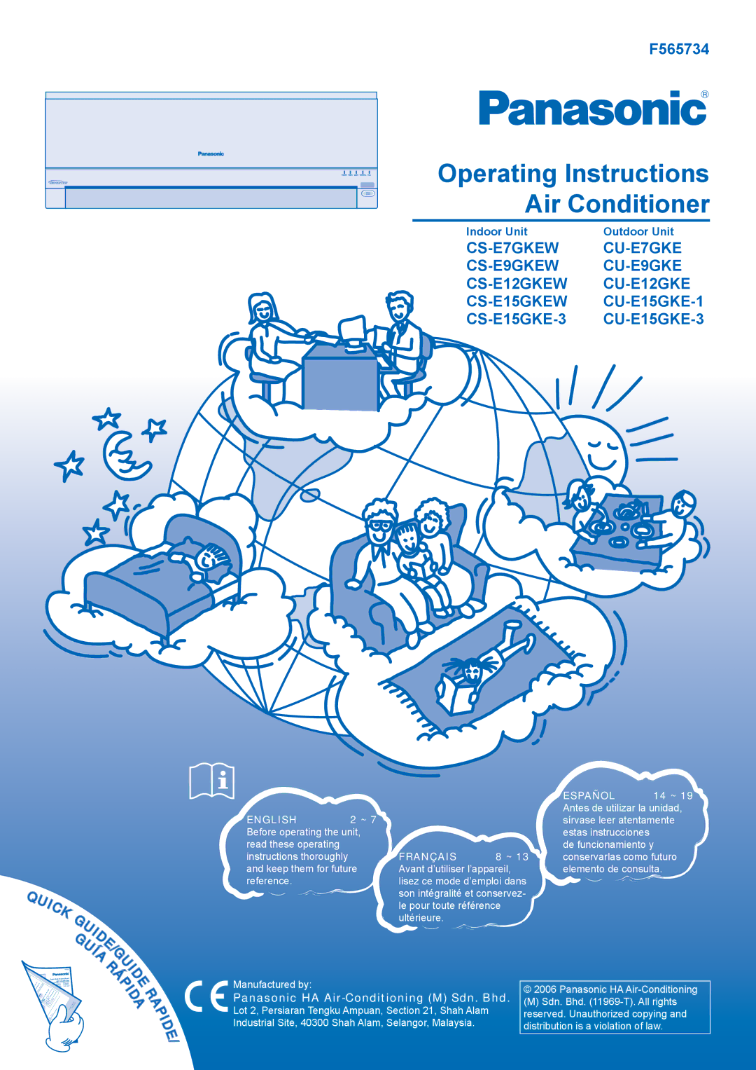 Panasonic CU-E12GKE operating instructions F565734, CS-E15GKE-3, CU-E15GKE-1, CU-E15GKE-3 