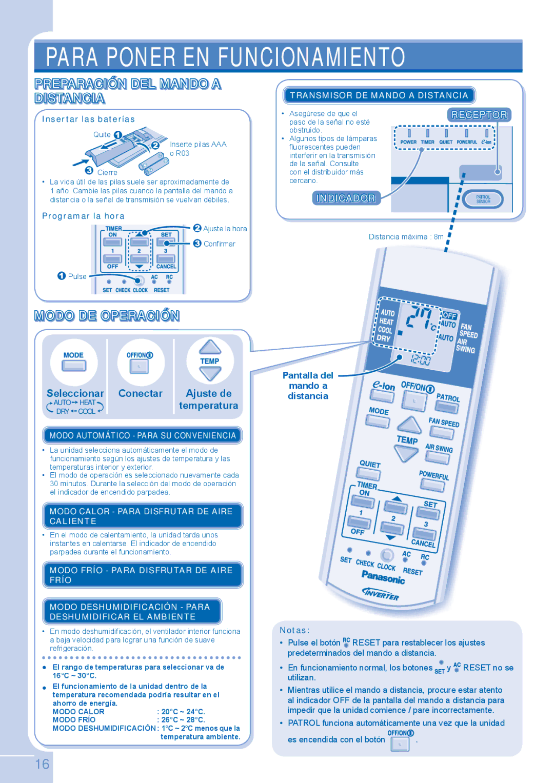 Panasonic CU-E12GKE Preparación DEL Mando a Distancia, Modo DE Operación, Seleccionar Conectar Ajuste de, Receptor 