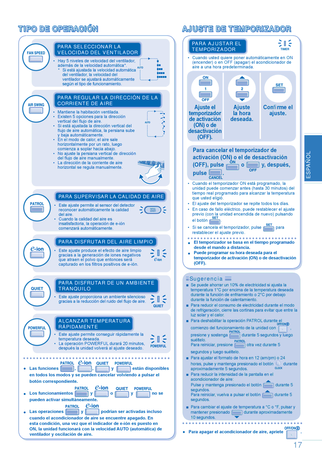 Panasonic CU-E12GKE operating instructions Tipo DE Operación, Ajuste DE Temporizador, OFF Para cancelar el temporizador de 