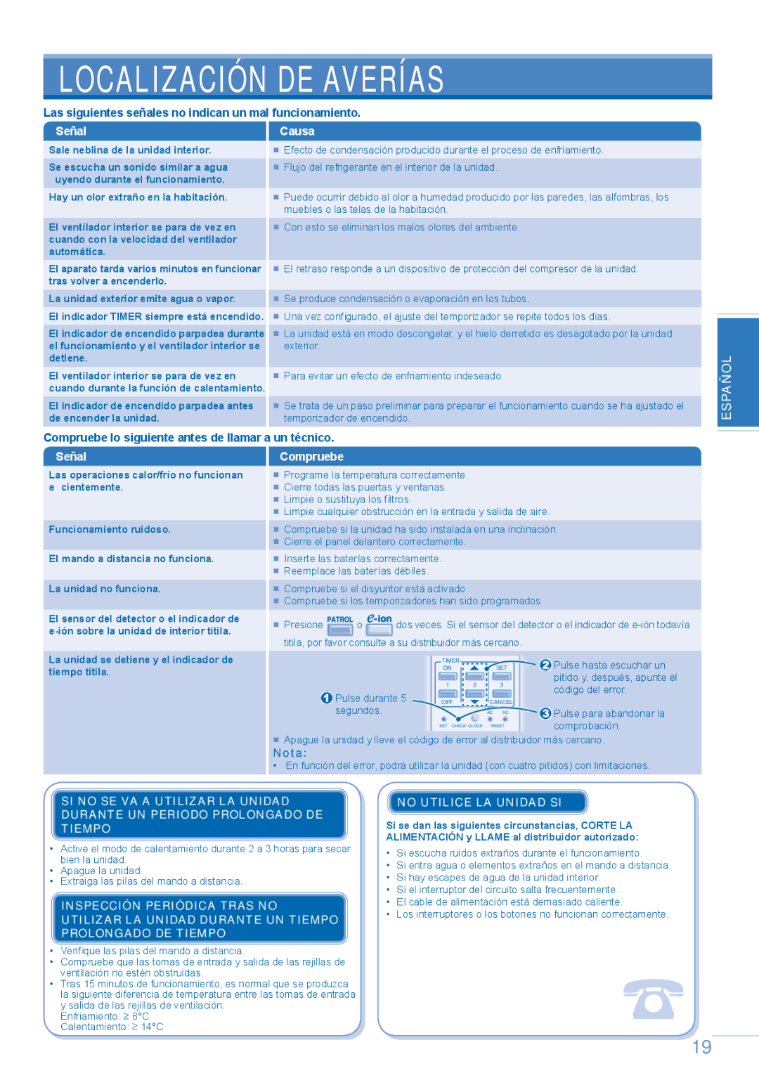 Panasonic CU-E12GKE operating instructions Localización DE Averías, Español Español English, No Utilice LA Unidad SI 