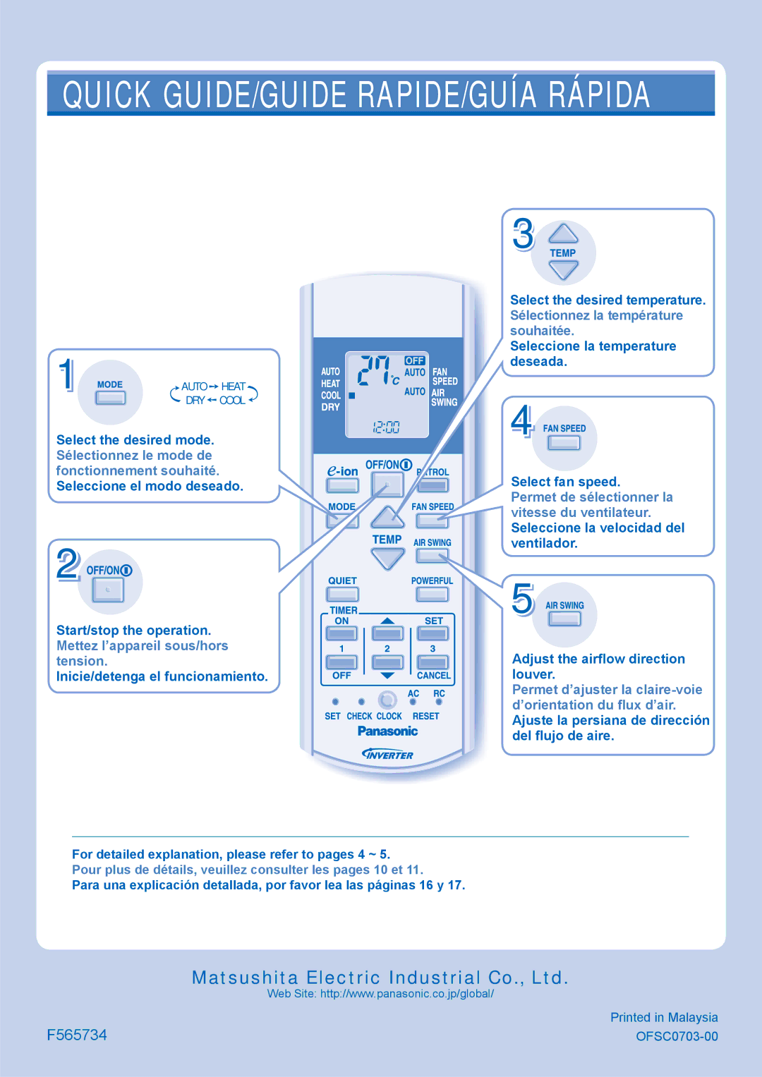 Panasonic CU-E12GKE Quick GUIDE/GUIDE RAPIDE/GUÍA Rápida, For detailed explanation, please refer to pages 4 ~ 