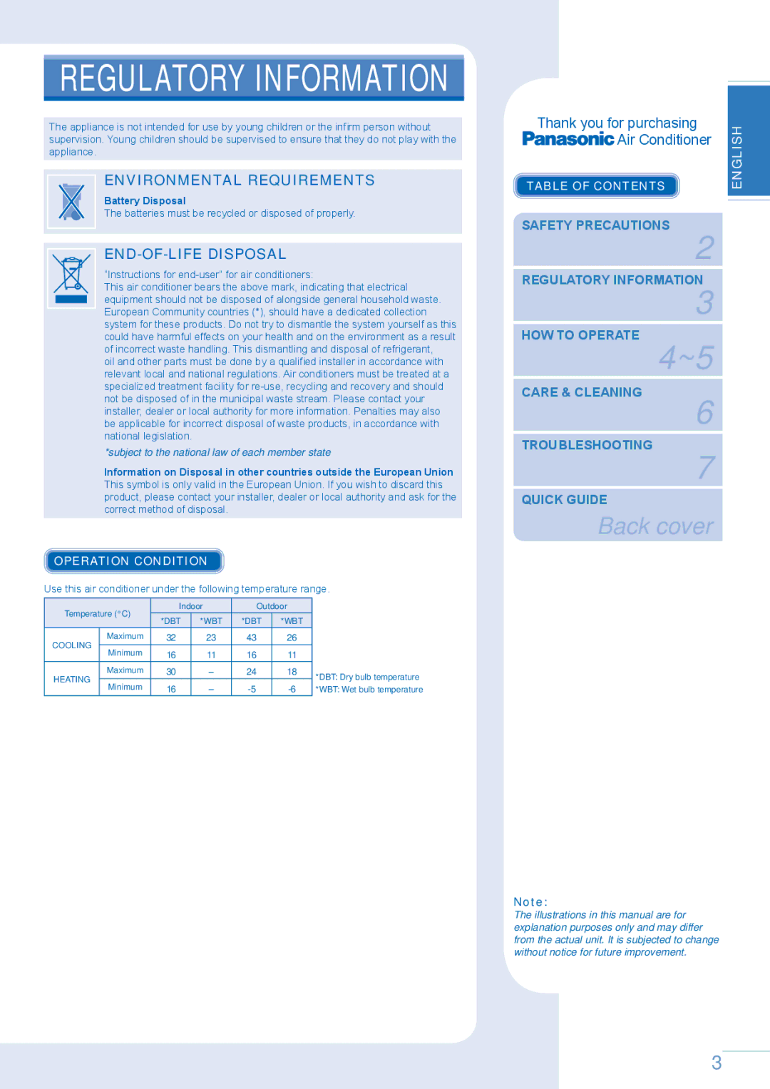 Panasonic CU-E12GKE operating instructions English English English English, Operation Condition, Table of Contents 