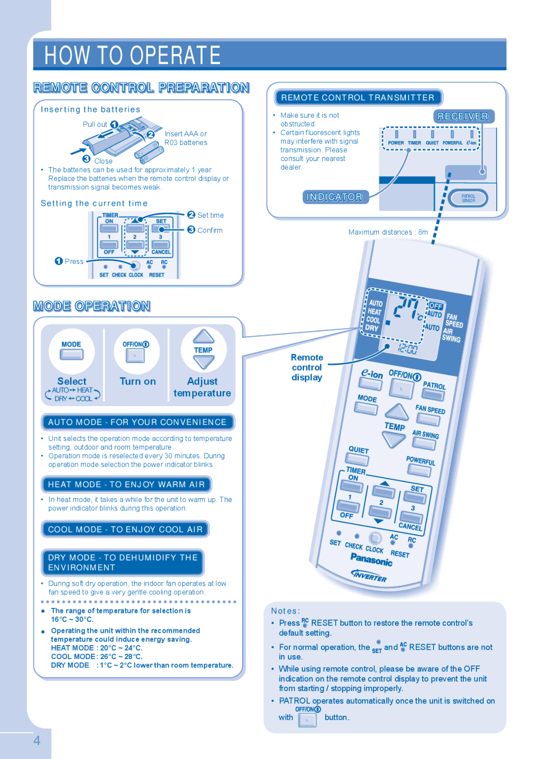 Panasonic CU-E12GKE Remote Control Preparation, Mode Operation, Select Turn on Adjust, Receiver, Indicator 