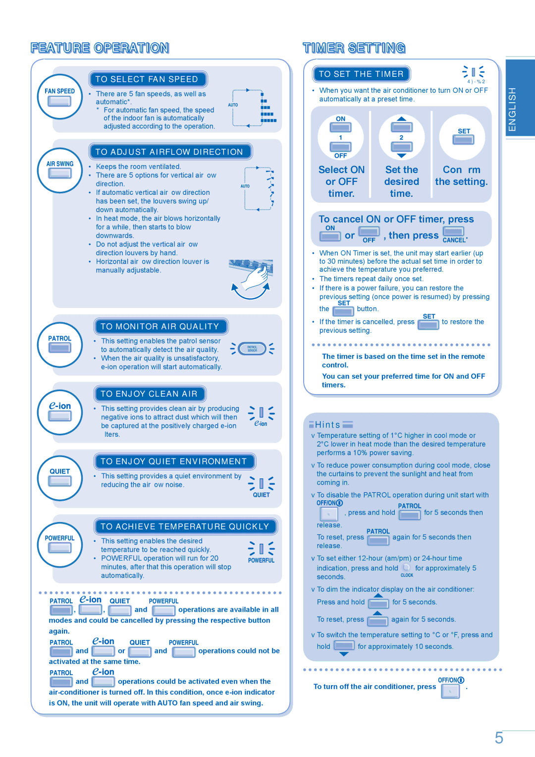 Panasonic CU-E12GKE Feature Operation, Timer Setting, Conﬁrm, Time To cancel on or OFF timer, press Or , then press 