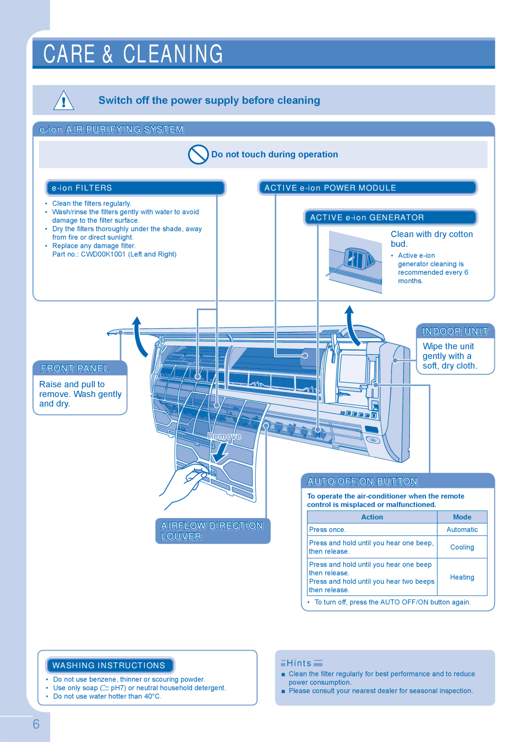 Panasonic CU-E12GKE Care & Cleaning, Switch off the power supply before cleaning, Front Panel, Indoor Unit 