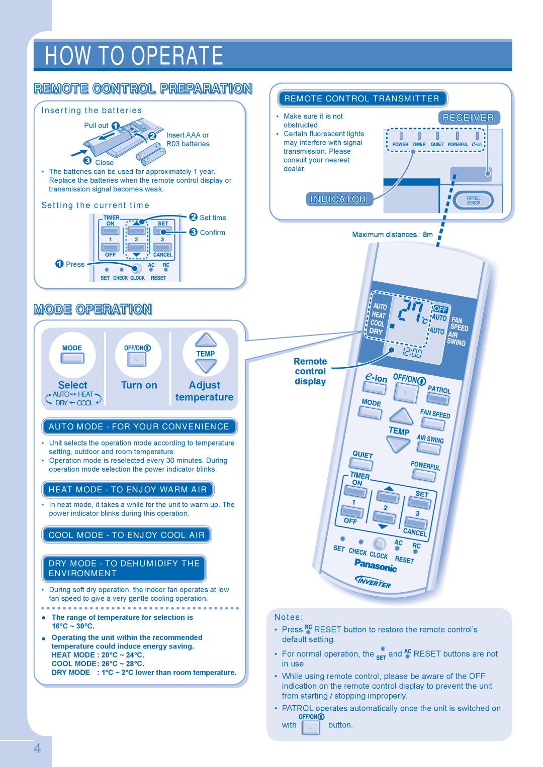 Panasonic CU-E12GKE Remote Control Preparation, Mode Operation, Select, Turn on, Adjust, How To Operate, Receiver 
